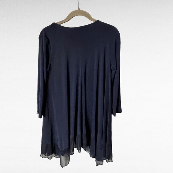 Nina Leonard Navy Blue Jersey V- neck Tunic Blouse with Chiffon Hem Size Small - Picture 2 of 8
